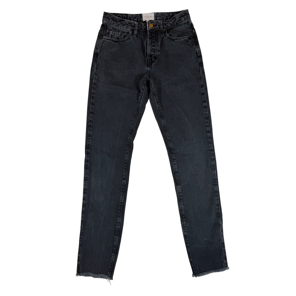 Sezane Denim High Waisted Skinny Jeans Washed Black Button Fly Raw Hem Size 26